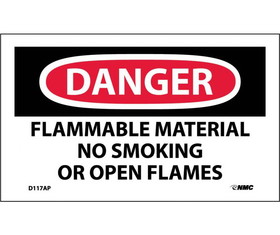 NMC D117LBL Danger Flammable Material No Smoking Or Open Flames Label, Adhesive Backed Vinyl, 3" x 5"