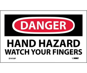 NMC D141LBL Danger Hand Hazard Watch Your Fingers Label, Adhesive Backed Vinyl, 3" x 5"
