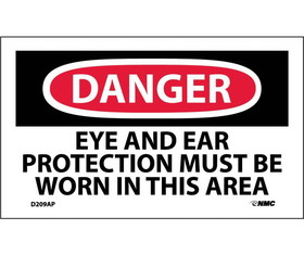 NMC D209LBL Danger Eye And Ear Protection Must Be Worn Label, Adhesive Backed Vinyl, 3" x 5"