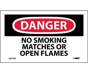 NMC D217LBL Danger No Smoking Matches Or Open Flames Label, Adhesive Backed Vinyl, 3" x 5"