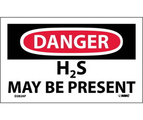 NMC D282LBL Danger H2S May Be Present Label, Adhesive Backed Vinyl, 3" x 5"