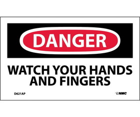 NMC D621LBL Danger Watch Your Hands And Fingers Label, Adhesive Backed Vinyl, 3" x 5"