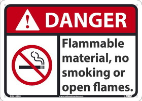NMC DGA102 Danger Flammable Material No Smoking Or Open Flames Sign, 10X14, Standard Aluminum, 10" x 14"