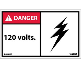 NMC DGA31LBL Danger 120 Volts Label, Adhesive Backed Vinyl, 3" x 5"
