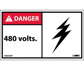 NMC DGA33LBL Danger 480 Volts Label, Adhesive Backed Vinyl, 3" x 5"