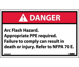 NMC DGA60LBL Danger Arc Flash And Shock Hazard Label, Adhesive Backed Vinyl, 3" x 5"