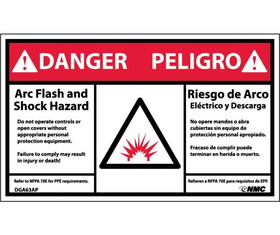 NMC DGA63LBL Danger Arc Flash And Shock Hazard Label, Adhesive Backed Vinyl, 3" x 5"