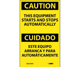 NMC ESC618LBL Caution This Equipment Starts And Stops Automatically Bilingual Label, Adhesive Backed Vinyl, 5" x 3"