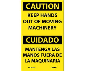 NMC ESC622LBL Caution Keep Hands Out Of Moving Machinery Bilingual Label, Adhesive Backed Vinyl, 5" x 3"