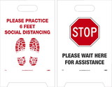 NMC FS47 Wait Here For Assistance, Social Dist., Dbl-Sided Floor Sign, Corrugated Plastic, 19