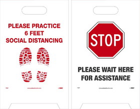 NMC FS47 Wait Here For Assistance, Social Dist., Dbl-Sided Floor Sign, Corrugated Plastic, 19" x 12"