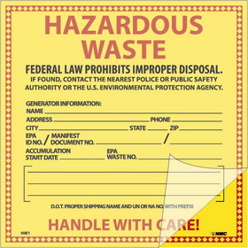 NMC HW1SL25 Self Lamination Hazardous Waste Label, PRESSURE SENSITIVE VINYL .002, 6" x 6"