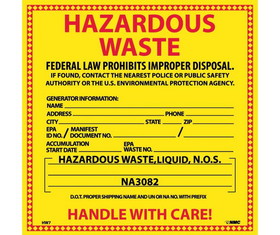 NMC HW7 Hazardous Waste For Liquids Hazmat Label, Adhesive Backed Vinyl, 6" x 6"