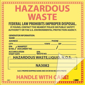 NMC HW7SL25 Self Lamination Hazardous Waste Liquid Labels, PRESSURE SENSITIVE VINYL .002, 6" x 6"