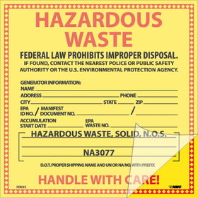 NMC HW8SL25 Self Lamination Hazardous Waste Solid Labels, PRESSURE SENSITIVE VINYL .002, 6" x 6"