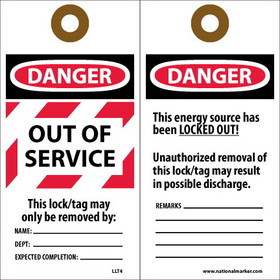 NMC LLT4 Laminated Out Of Service Lockout Tag, Unrippable Vinyl, 6" x 3"