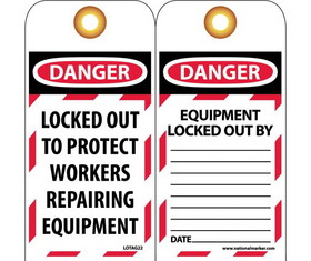 NMC LOTAG22 Danger Locked Out To Protect Workers Repairing Equipment Tag, Unrippable Vinyl, 6" x 3"
