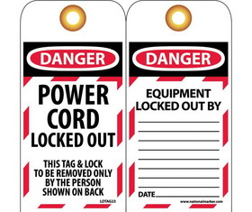 NMC LOTAG23 Power Cord Lock Out Tag, Unrippable Vinyl, 6" x 3"