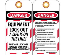 NMC LOTAG27 Danger Equipment Lock-Out A Life Is On The Line - Tag, Unrippable Vinyl, 6" x 3"
