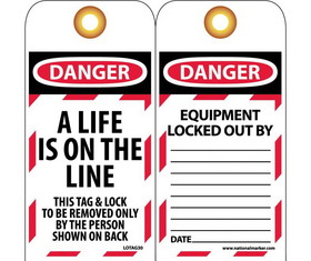 NMC LOTAG30 Danger A Life Is On The Line Tag, Unrippable Vinyl, 6" x 3"