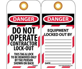 NMC LOTAG32 Danger Do Not Operate Contractor Lock-Out Tag, Unrippable Vinyl, 6" x 3"