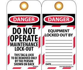 NMC LOTAG33 Danger Do Not Operate Maintenance Lock-Out Tag, Unrippable Vinyl, 6" x 3"