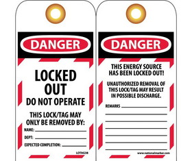 NMC LOTAG38 Danger Locked Out Do Not Operate This Tag, Unrippable Vinyl, 6" x 3"