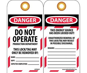 NMC LOTAG41 Danger Do Not Operate Tag, Unrippable Vinyl, 6" x 3"