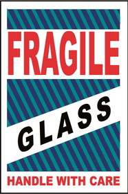 NMC LR12 Fragile Glass Handle With Care Label, PRESSURE SENSITIVE PAPER, 4" x 6"