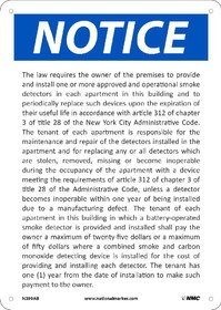 NMC N399 Nyc Notice Smoke Detectors Sign, Standard Aluminum, 14" x 10"