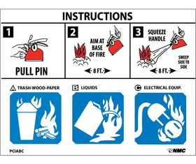 NMC PCIABC Fire Extinguisher Instructions Sign, Adhesive Backed Vinyl, 3.75" x 5"