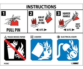 NMC PCIBC Fire Extinguisher Instructions Sign, Adhesive Backed Vinyl, 3.75" x 5"