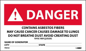 NMC PRD920 Danger Contains Asbestos Fibers Generator Info Warning Label, PRESSURE SENSITIVE PAPER, 3" x 5"