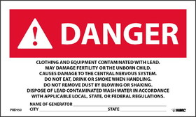 NMC PRD950 Danger Contaminated With Lead Generator Info Warning Label, PRESSURE SENSITIVE PAPER, 3" x 5"
