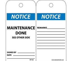 NMC RPT108 Notice Maintenance Done See Other Side Tag