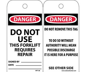 NMC RPT138 Danger Do Not Use This Forklift Requires Repair Tag