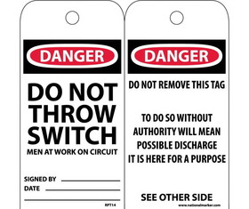 NMC RPT14 Danger Do Not Throw Switch Men At Work On Circuit Tag