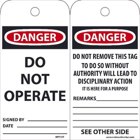 NMC RPT1ST Danger Do Not Operate Tag, Polytag, 6" x 3"