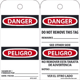 NMC RPT218ST Danger Bilingual Tag, Polytag, 6" x 3"