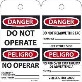 NMC RPT219ST Danger Do Not Operate, Bilingual Tag, Polytag, 6" x 3"