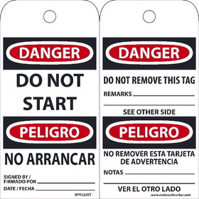 NMC RPT220ST Danger Do Not Start Bilingual Tag, Polytag, 6" x 3"