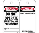 NMC RPT2ST Danger Do Not Operate Maintenance Department Tag, Polytag, 6
