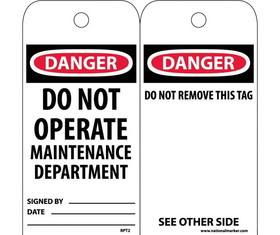 NMC RPT2ST Danger Do Not Operate Maintenance Department Tag, Polytag, 6" x 3"