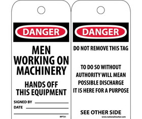NMC RPT31 Danger Men Working On Machinery Hands Off This Equipment Tag