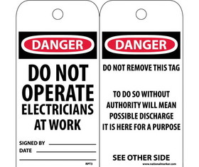 NMC RPT3 Danger Do Not Operate Electricians At Work Tag