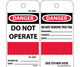 NMC RPT499 Danger No. ___ Do Not Operate No.___ Tag, Unrippable Vinyl, 6" x 3"