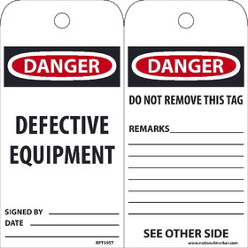 NMC RPT59ST Danger Defective Equipment Tag, Polytag, 6" x 3"