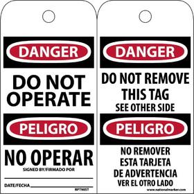 NMC RPT90ST Danger Do Not Operate Bilingual Tag, Polytag, 6" x 3"