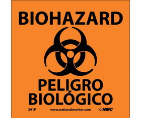 NMC S91P Biohazard Peligro Biologico Bilingual W/Graphic Label, Adhesive Backed Vinyl, 7" x 7"