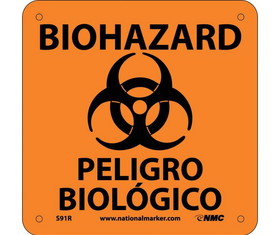 NMC S91R Biohazard Peligro Biologico Bilingual W/ Graphic Label, Rigid Plastic, 7" x 7"
